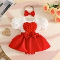 thumbnail image 2 of CAICJ98 Infant Baby Girl Bow Romper Dress Valentines Outfit Plush Heart Puff Sleeve Tulle Tutu Jumpsuit Skirts Set with Headband (Red,3-6 Months), 2 of 7