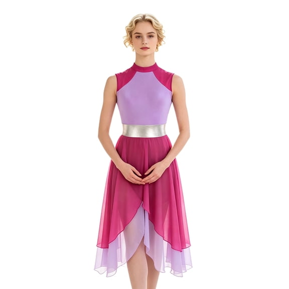 SiiRoh Womens Sleeveless Ballet Dancewear Ballroom Dance Leotard Dress Mock Neck Liturgical Praise Worship Dress Tunic Prom Dresses Hot Pink&Light Purple S