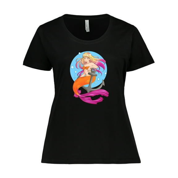 Inktastic Nautical Orange and Pink Mermaid Sitting on Anchor Women's Plus Size T-Shirt