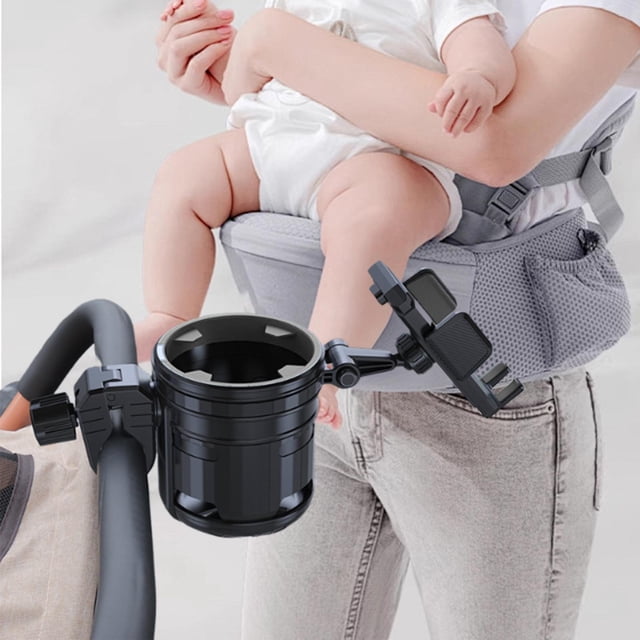 Portavasos para cochecito, portavasos para cochecito, versátil, con capacidad para 2 tazas, fácil de instalar con soporte para teléfono, portabotellas Negro