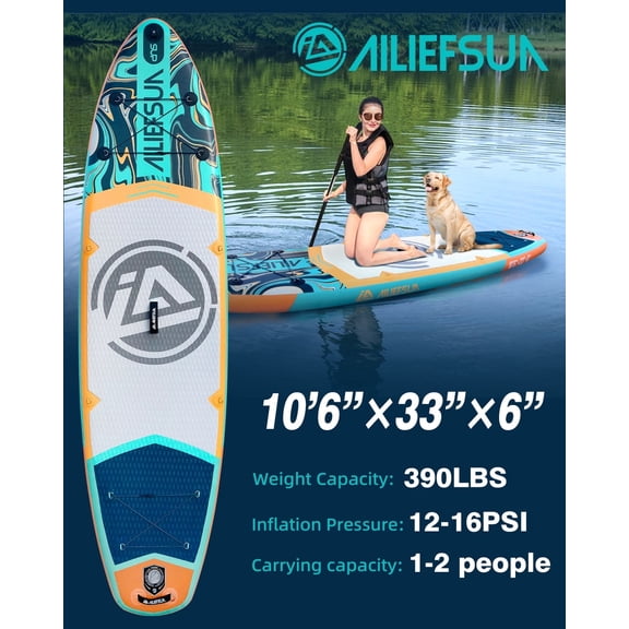 AILIEFSUN Emerald Wave 10'6”*33”*6“Ailiefsun Stand Up Paddle Board Inflatable Stable Sup Board with Fishing Paddleboards Accessories for Adults Youth Wide Non-Slip Deck Surfboard