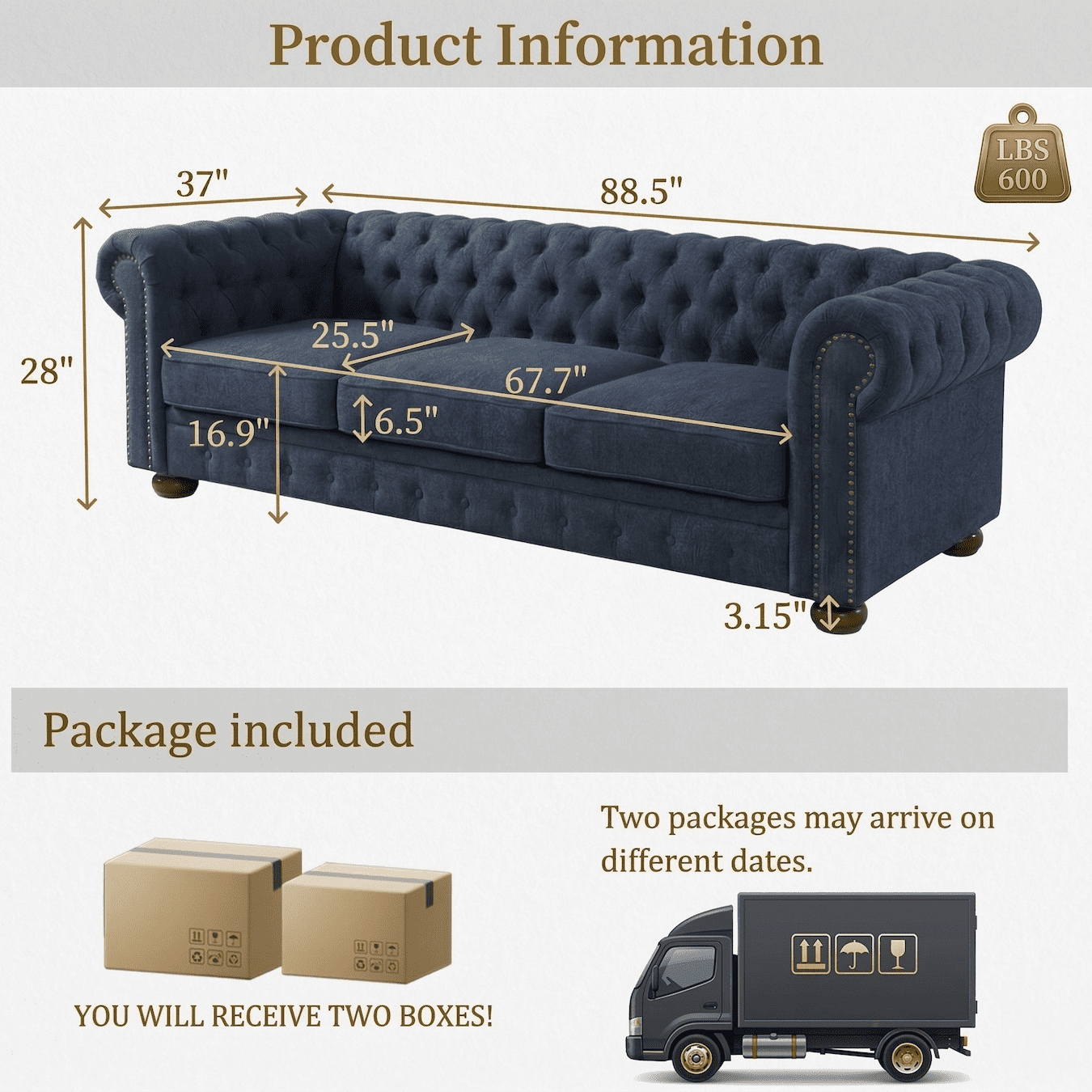 Xiweot Classic Chesterfield Sofa, Mid Century Modern Couch with Deep Seat for Living Room, Office & Apartment