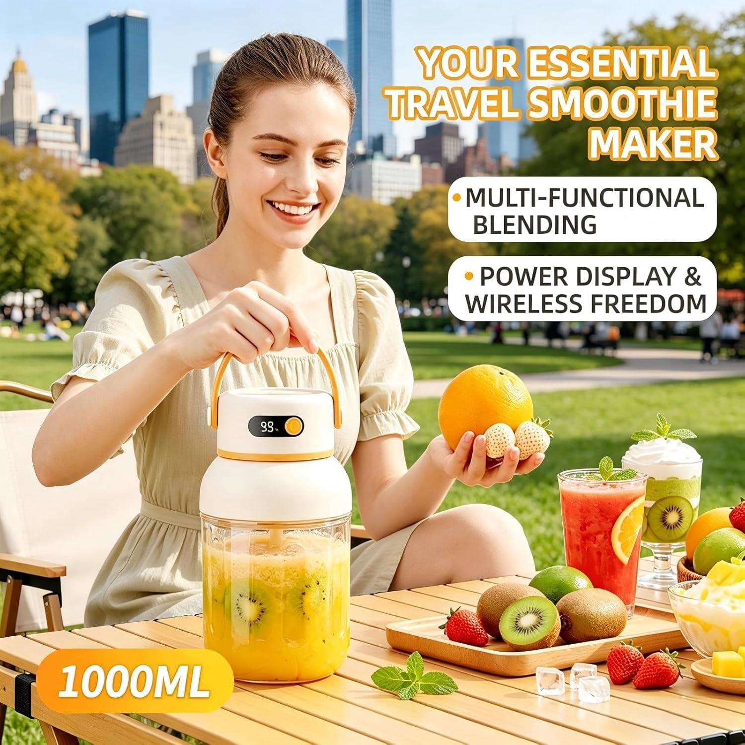Portable Electric Juicer Cup with Zero Cord Hassle,Wireless Personal Juicer Cup USB Rechargeable Blender,Leakproof Lid,40 Seconds,for Shakes and Smoothies(1000ML)