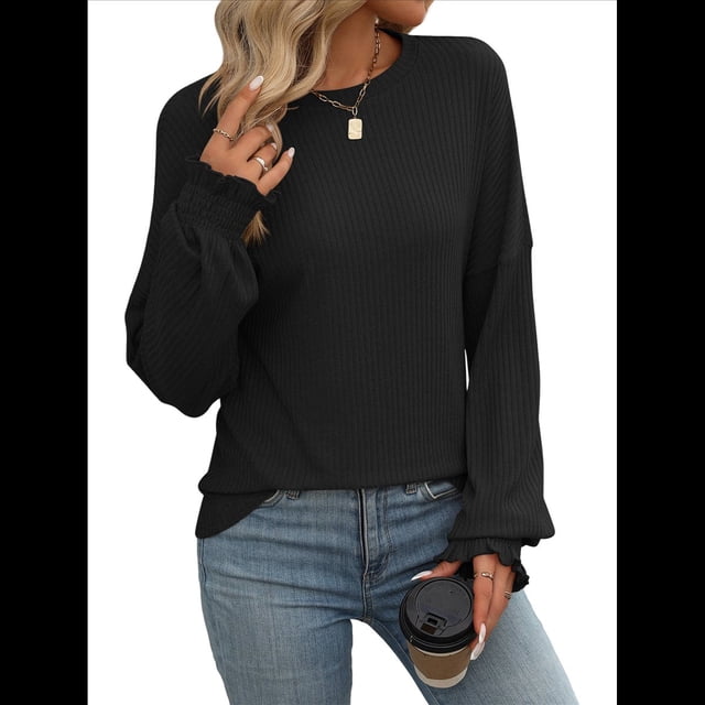 Camiseta Holgada Informal de Cuello Redondo y Larga Acanalada para Mujer, Ideal para y Otoño Negro L