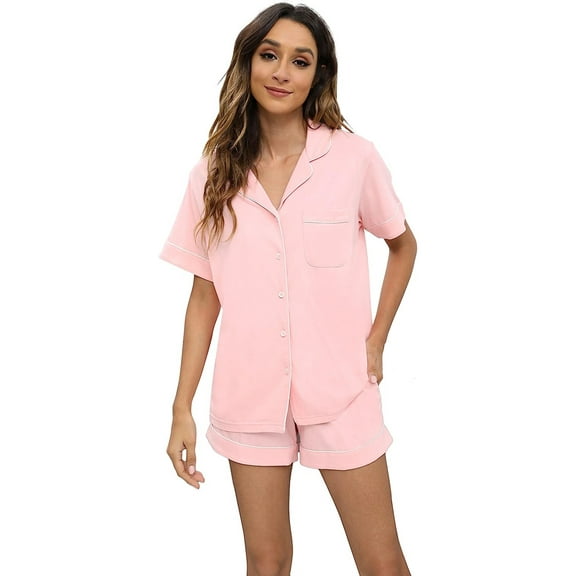 HEARTNICE Women Button up Pajama Set, Summer Lightweight Shorts Sleepwear Pjs Set,(Pink,L)