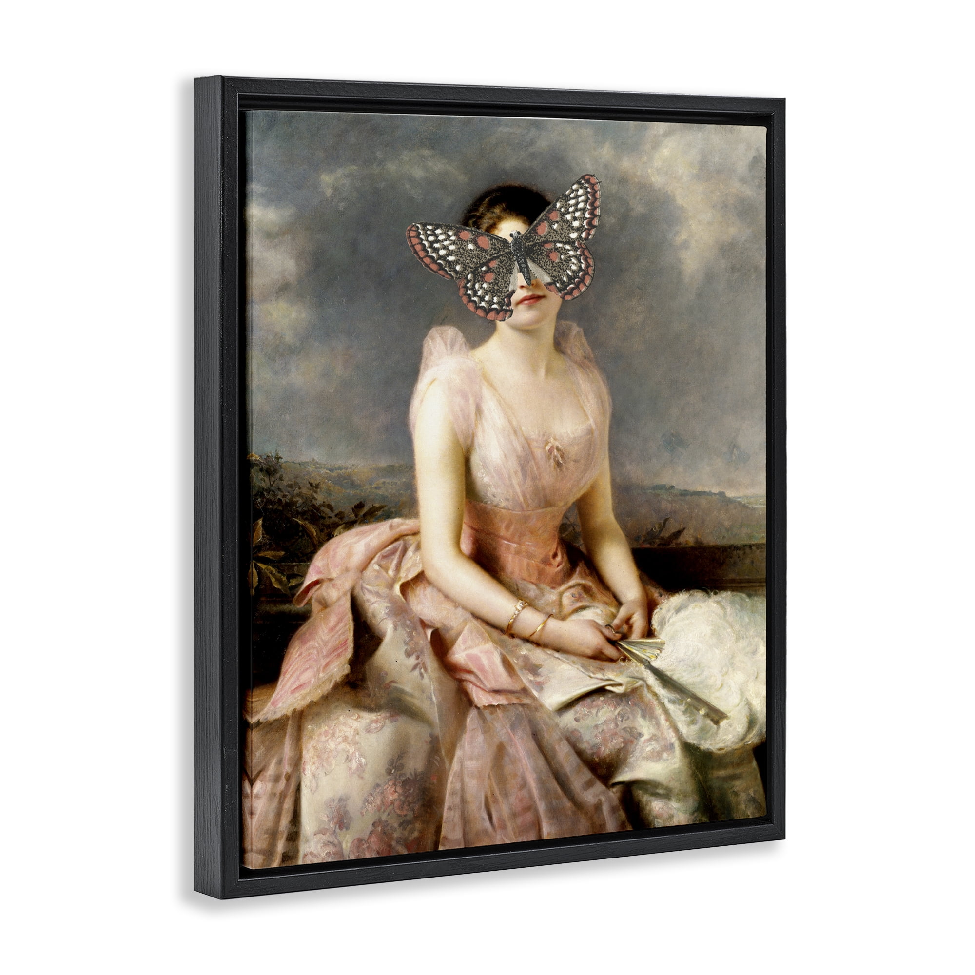Stupell Industries Vintage Butterfly View People Painting Black Floater Framed Canvas Art Print Wall Art, 17 x 21