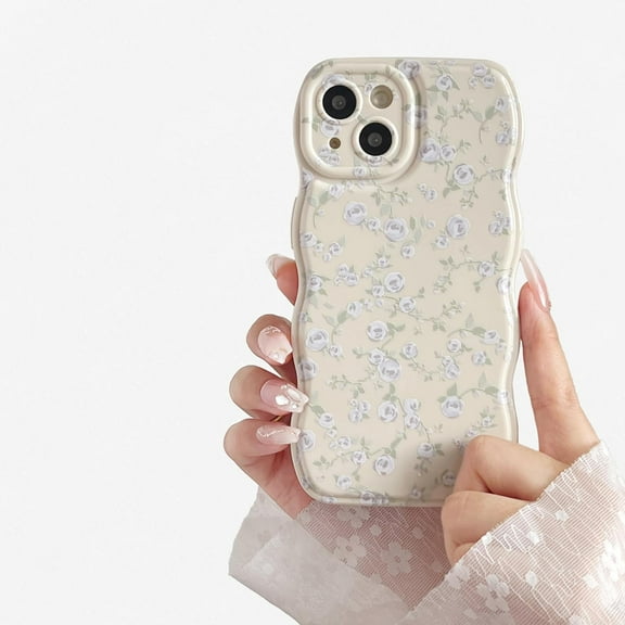 Case for iPhone 15,Cute Flower Floral Pattern Wave Design Curly Wavy Frame Case,Aesthetic Soft TPU Shockproof Case for iPhone 15 Phone Case 6.1 Inch,Beige/Purple Rose