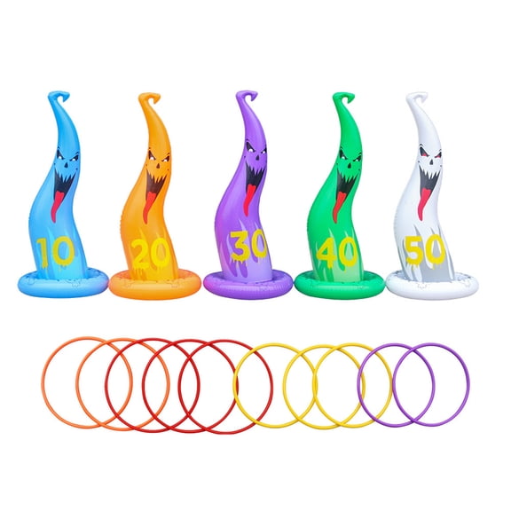 Halloween Inflatable Ghost Hat Ring Toss Game Set PVC Inflatable Party Toys with 5 Hats and 10 Rings Funny Festival Indoor Outdoor Decorations