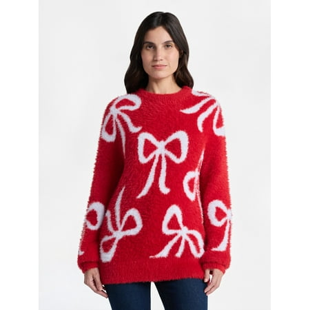 99 Jane Street Women's and Women's Plus Bow Print Pullover Sweater, Midweight, Sizes XS-4X