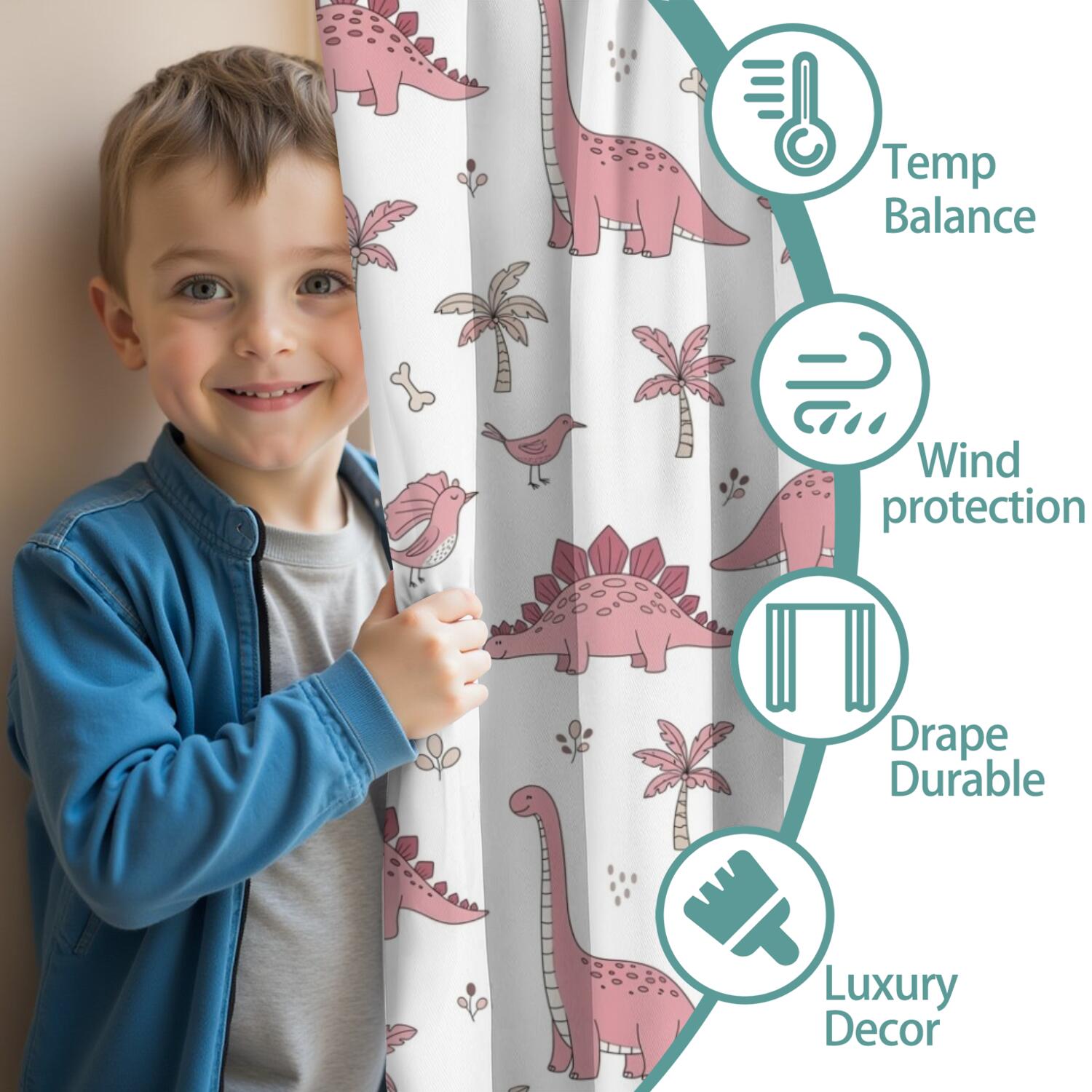 Blackout Kids Curtains,Pink Dinosaur and Bird Pattern Childrens Insulated Curtains Set Of 2,Bedroom Essentials,Toddler Room Decor 42"x63"