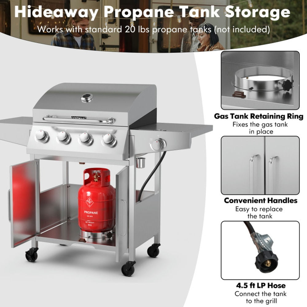 Yardi Yard 50000BTU 5-Burner Propane Gas Grill with Side Burner and 2 Prep Tables-Silver, Camping Stove for Outdoor Cooking