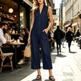 thumbnail image 6 of Capri Jumpsuits for Women Zipper Front Sleeveless Casual Rompers Wide Leg Collared One Piece Jumpsuit Navy, XL, 6 of 6