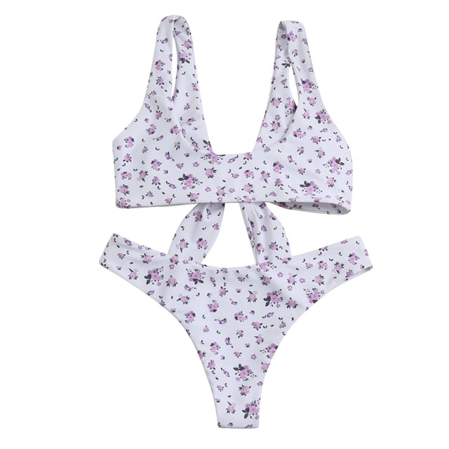 WREESH Women Printed Swimsuit With Underpants Open Back Swimwear