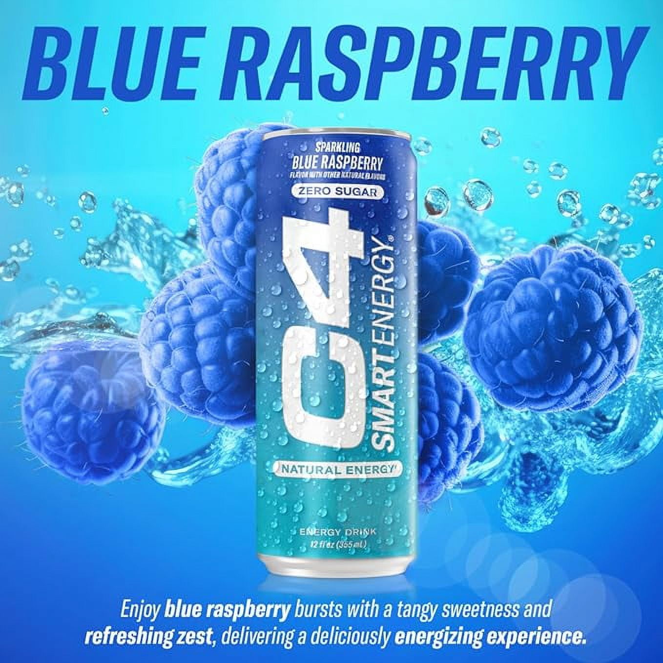 C4 Smart Energy Drink, Blue Raspberry Flavor, Zero Sugar, Carbonated, 12 oz can (12 pack)