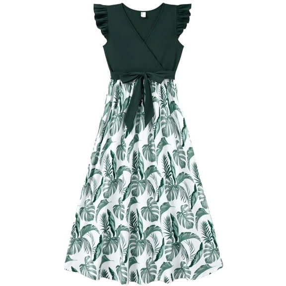 PatPat Women Dresses Summer Casual Sundress Spliced Surplice Neck Flutter-sleeve Belted Midi Vacation Dresses, Army Green M