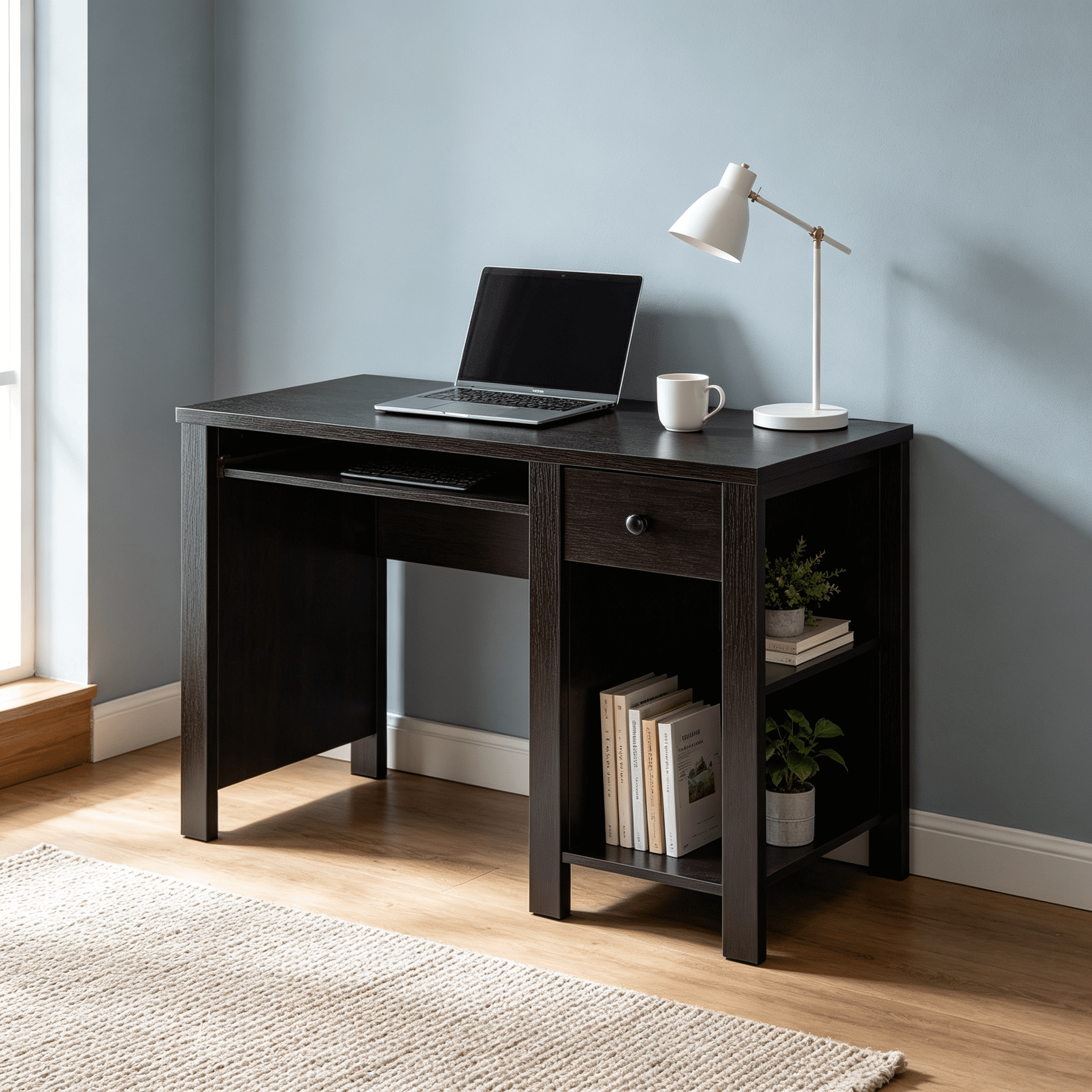 Compact Student Desk and Home Office Writing Desk with Keyboard Drawer, Storage Drawer, Shelf, 39 in Wide Wood Desk