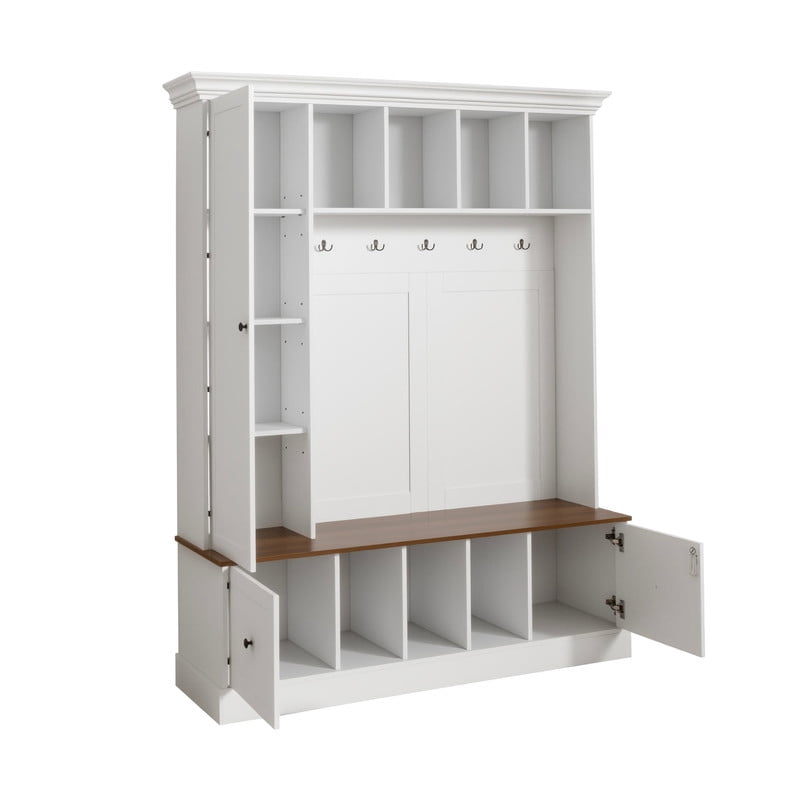 Farmhouse Hall Tree with Open Compartments, Entryway Coat Rack with 5 Hooks and Adjustable Shelf Cabinet, Entryway Bench for Hallway, Entryway, Living Room