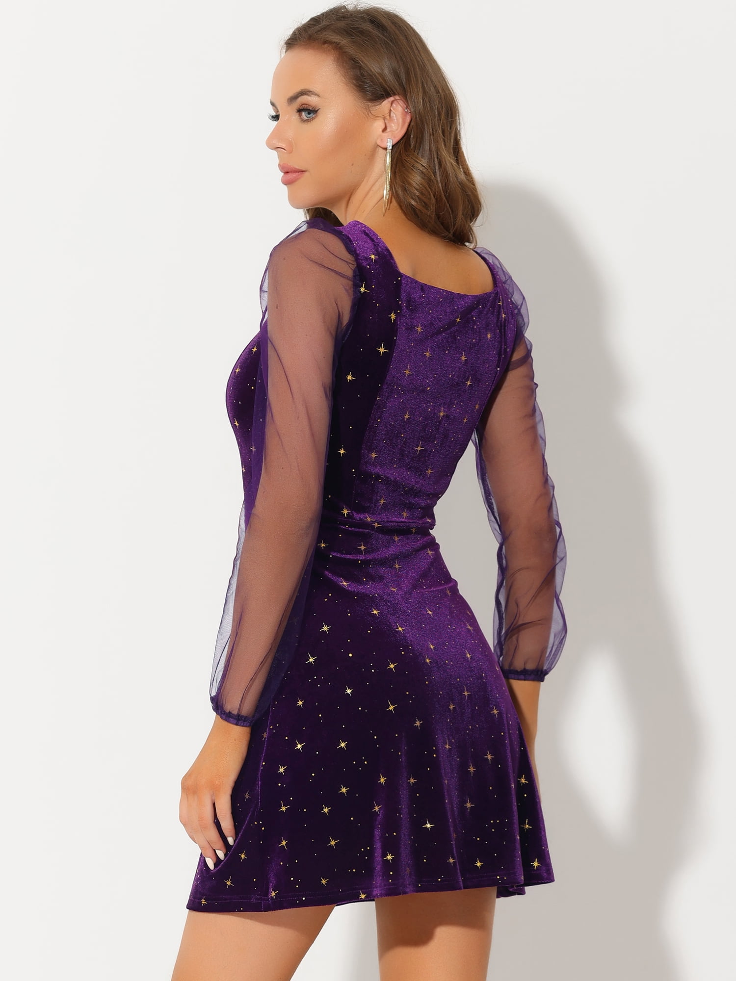 DARING DIVA Square Neck Mesh Sheer Sleeve Glitter Star Velvet Mini Dress 3XL Purple