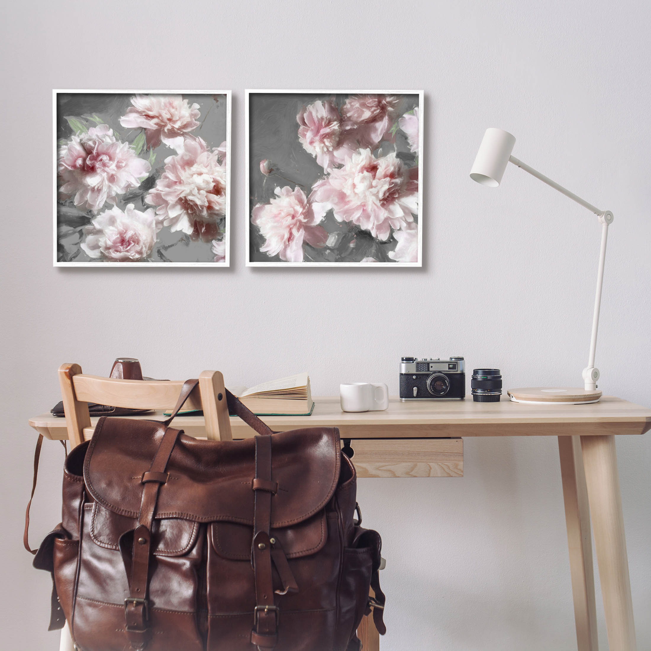 Blooming Peony Petals Pink Nature Botanical & Floral Graphic Art White Framed Art Print Wall Art, Set of 2