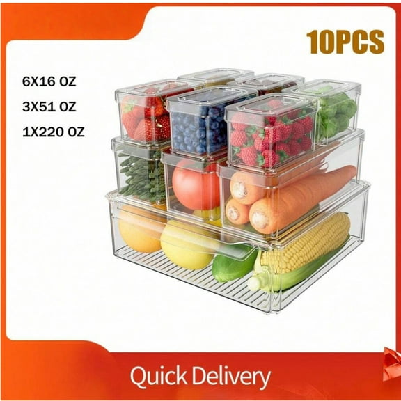 Fridge Organizers And Storage - 10 Pack Clear Refrigerator Organizer Bins With Lid, 3 Size Stackable Fridge Organization, Fruit Container