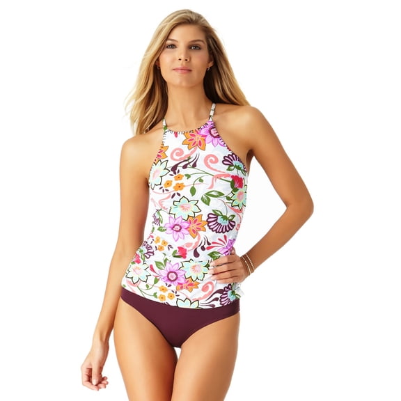 Anne Cole Women s High Neck Tankini Swim Top with Strappy Back Detail White Floral S