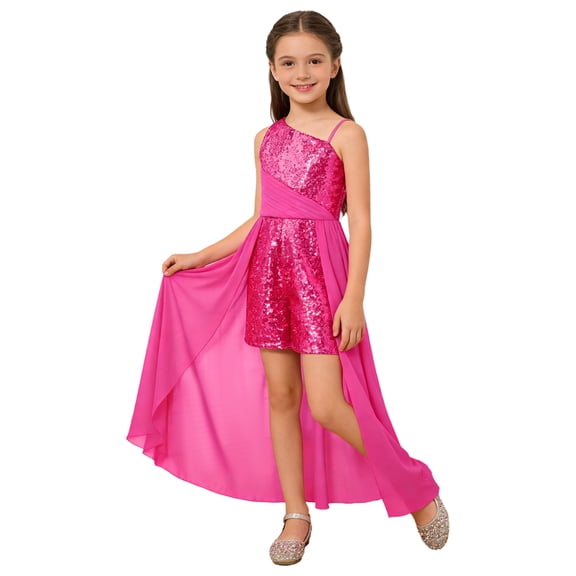 Hansber Sequin Romper Dress One Shoulder Sleeveless Flower Girls Wedding Party Pageant Gowns Hot Pink 10