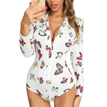 Frecoccialo Women Long Sleeve Bodysuit Single Breasted Decoration Deep V Neck Romper