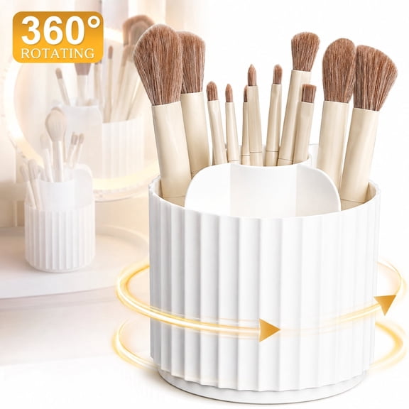 Genreen Makeup Brush Organizer,360°Rotating Make Up Brush Holder,Make Up Brushes Container for Vanity, Spinning Cosmetics Storage Cup, Stripe White