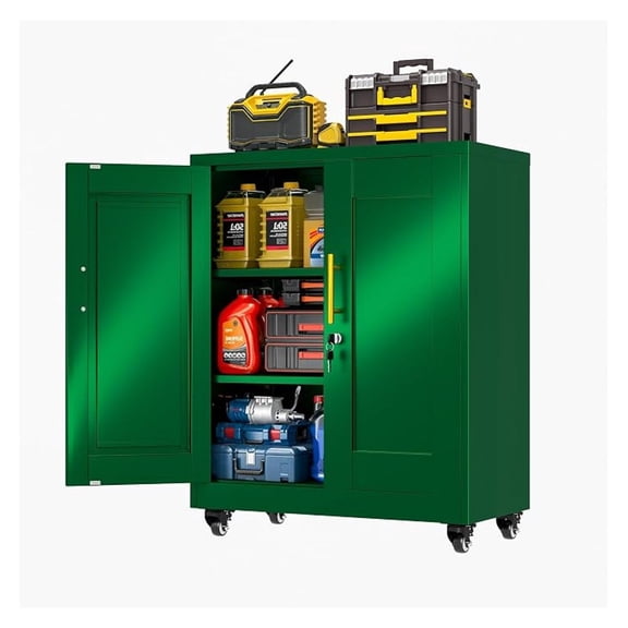 Metal Storage Cabinet with Wheels, 36" Tall Locking Storage Cabinet with 2 Adjustable Shelves, Locking Garage Cabinet, Steel Locker Organizer, for Office, Home, School, Green