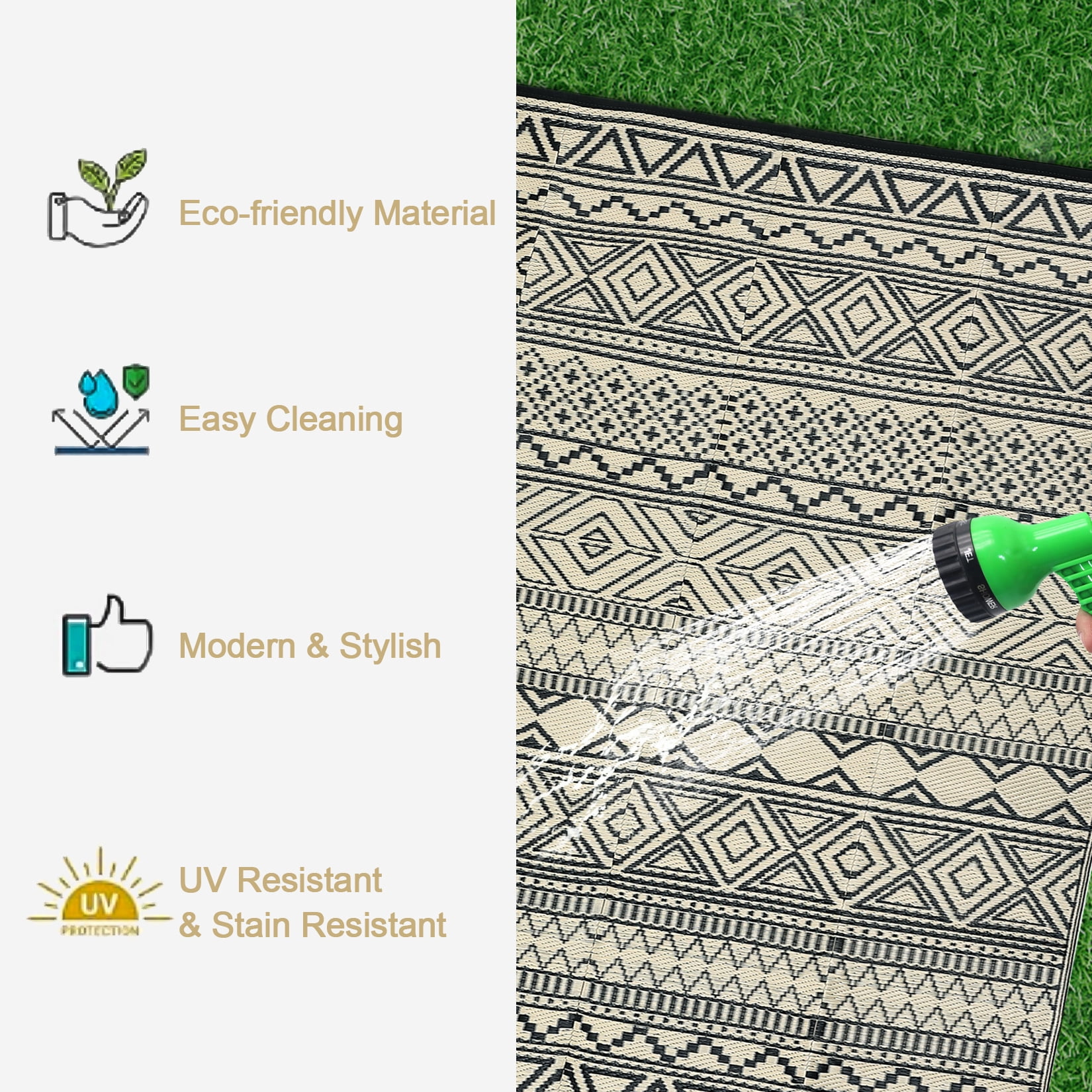 HOMERRY Geometric Outdoor Rug Straw Plastic Area Rug for Balcony Pool RV Waterproof Reversible Carpet, Brown/Black, 5'x 8'