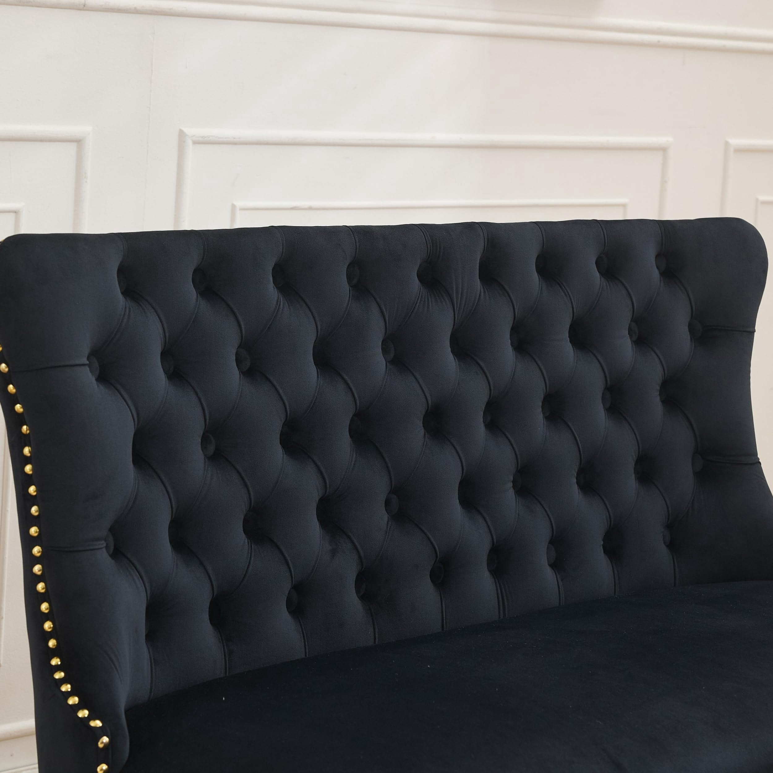 Black Velvet Double Dining Loveseat Bench, Tufted 2-Seat Kitchen & Dining Seating with Wing Back, Handmade Button Craft, Gold-Plated Steel Legs, Mid Century Modern Style