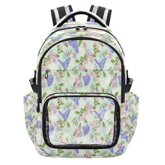 Qxltty Mint Butterfly Floral Backpack School Bookbag with Clear PVC Front Pocket, Laptop Compartment, Water Resistant Travel Daypack for Students