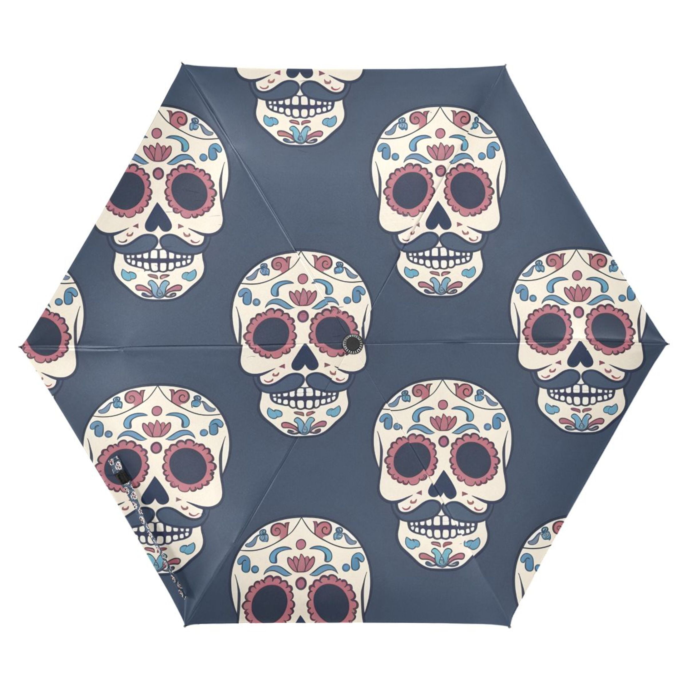 Skull with Mustache Compact Sun Umbrella Windproof Travel Umbrellas for Rain Strong Portable UV Protection