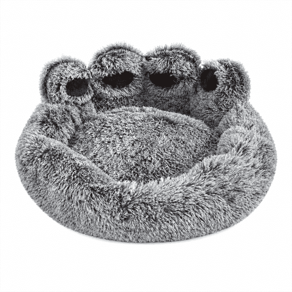 Bear Paw Plush Donut Pet Bed for Dogs & Cats, Calming Cozy Cushion, Non-Slip, Gray, 65cm