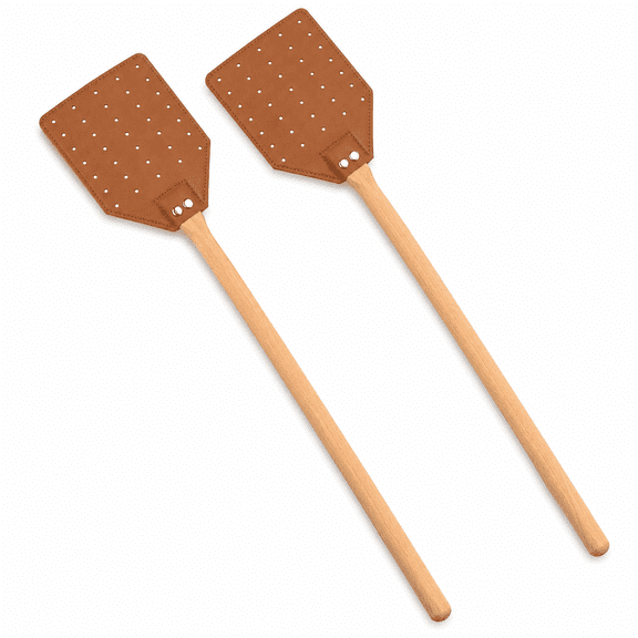 2 Pack Manual Fly Swatter with Long Wooden Handle, Brown Fly Swatters for Flies and Small Insects, Indoor Outdoor Use