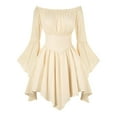 thumbnail image 3 of gcong Renaissance Costume Dress Women Off Shoulder Flowy Fairy Dress A-Line Fairy Pirate Dresses Bell Sleeve Ruffle Trim Handkerchief Dress Casual Cocktail Dresses for Women Fasion 2025 Beige XL, 3 of 5