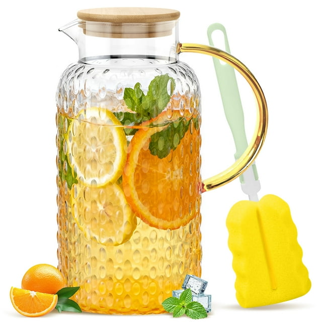 GPED Jarra de Agua de 64 oz, Jarra de Vidrio con Tapa y Boquilla, Jarra de Vidrio Carafe de 1.8L para Refrigerador, Jarras de Jugo Helado de Borosilicato Grueso para Bebidas Frías y Calientes, Jarra