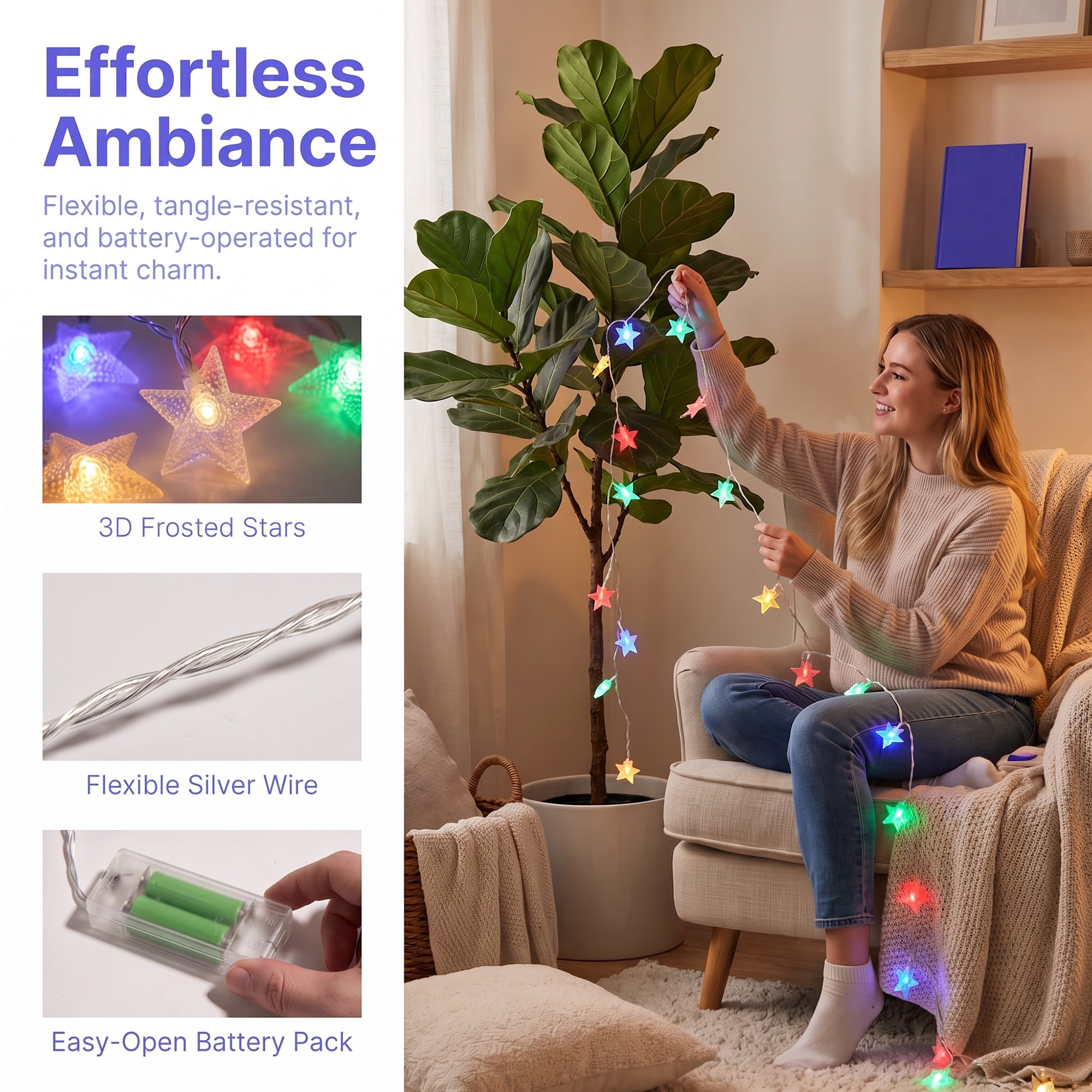Unique Bargains 3D Star Lights with Flexible Design 6.6 ft Colorful Battery Operated