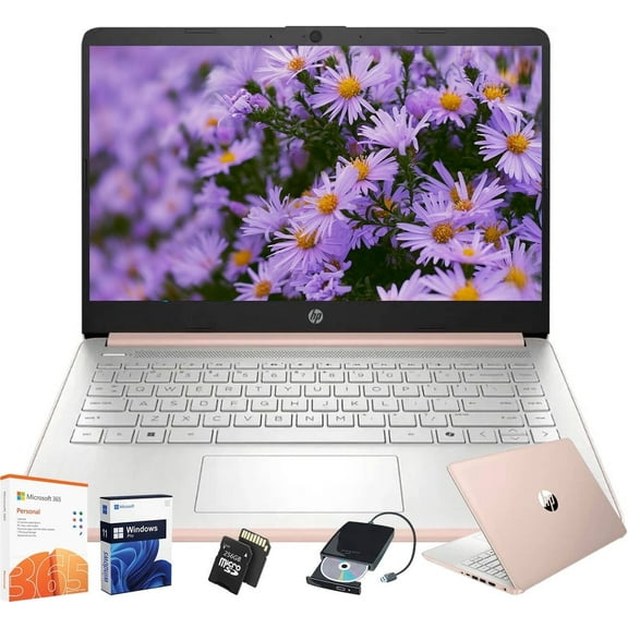 HP 14" Student Business Laptop Computer - 1-Year Microsoft Office 365 & Windows 11 Pro • 8GB RAM • 128GB UFS & 256GB Extend Micro SD • Intel 4-Core Processor • HD Display (Rose Gold)