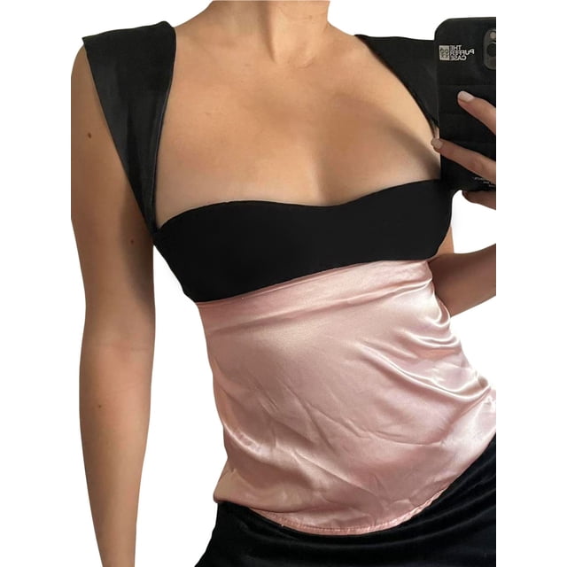 Fortune Women Crop Top Patchwork Cami Top Contrast Color Low Cut Backless Vest