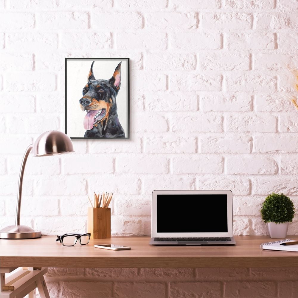 Stupell Industries Cute Doberman Dog Pet Animal Watercolor Painting Framed Giclee Texturized Art by George Dyachenko