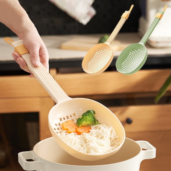 Large Slotted Spoon & Strainer | 14-Inch Plastic Skimmer for Noodles Soup & Tea | Yellow & Green Kitchen Draining Ladle with Stirring Pourer | Multipurpose Cooking & Bar Tool