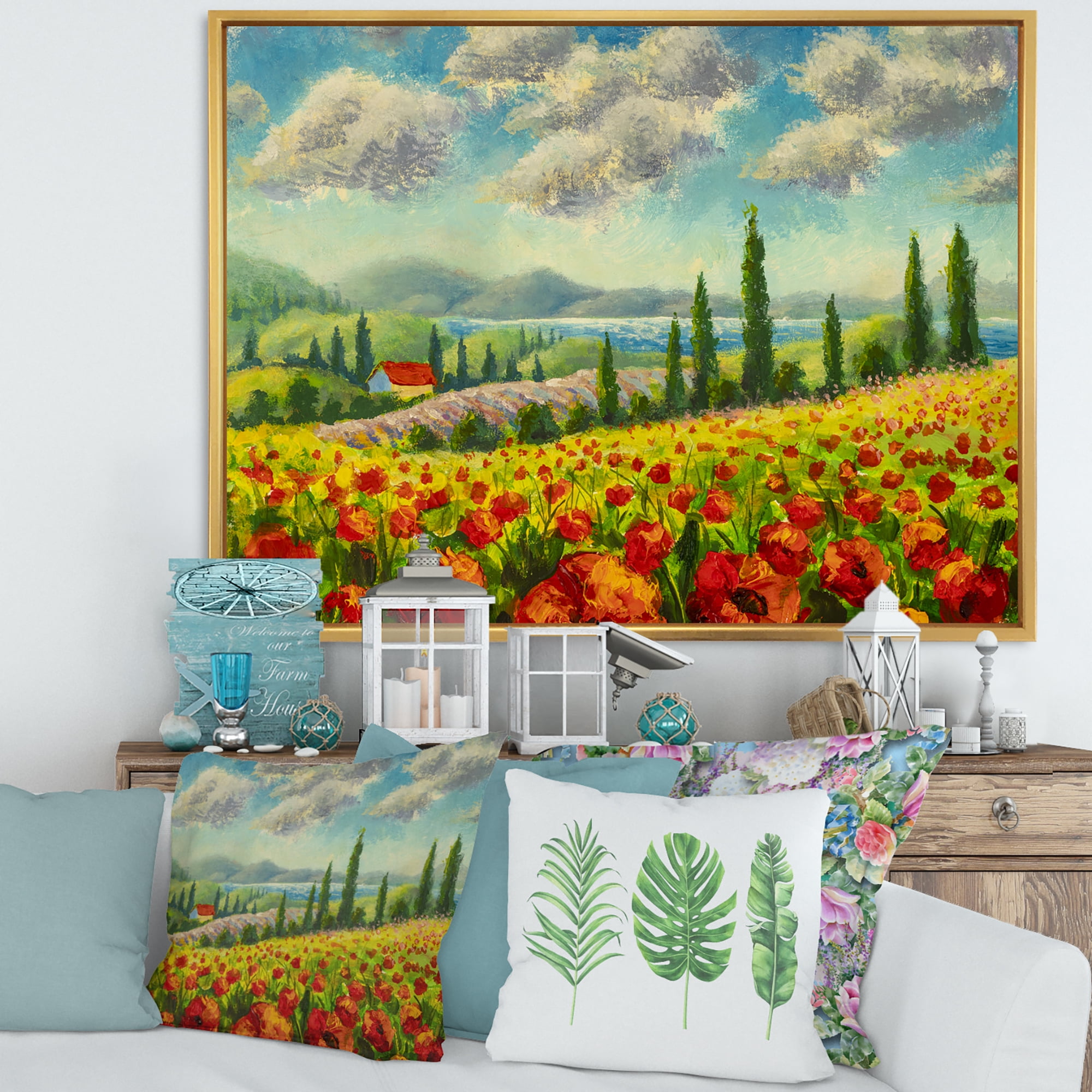 Designart 'Beautiful Landscape With Poppies Flowers By Riverside' Traditional Framed Canvas Wall Art Print