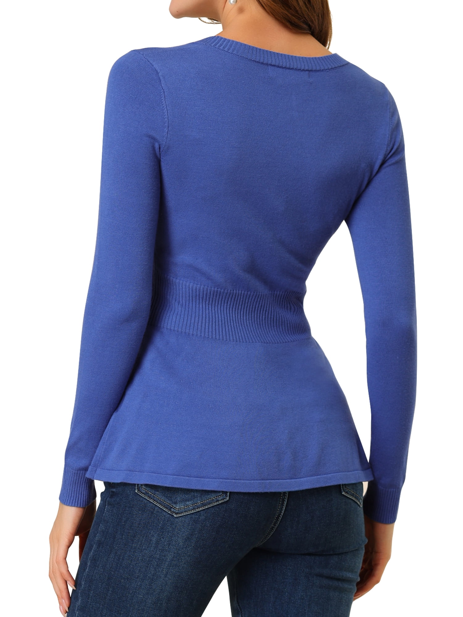 DARING DIVA Women's Peplum Top Smocked Long Sleeve Knit Sweater M Blue
