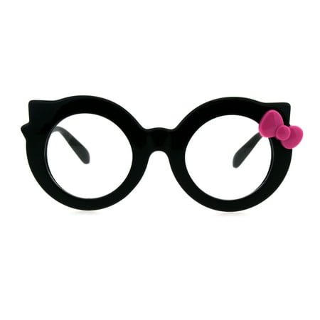Girly Cute Round Circle Lens Kitty Thick Plastic Bow Trim Eyeglasses Black Pink