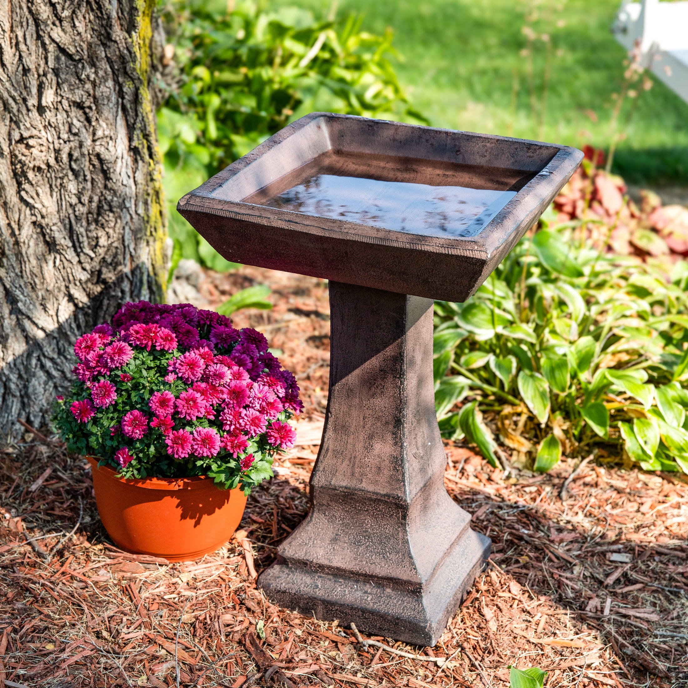 Sunnydaze Simply Square Freestanding Glass Fiber Reinforced Concrete Outdoor Bird Bath, Brown
