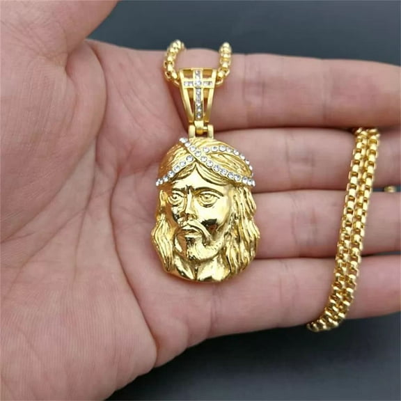 Hip Hop Iced Out Jesus Head Pendant 14K Yellow Gold Cross Christian Necklaces For Men Women Religious Jewelry Gift