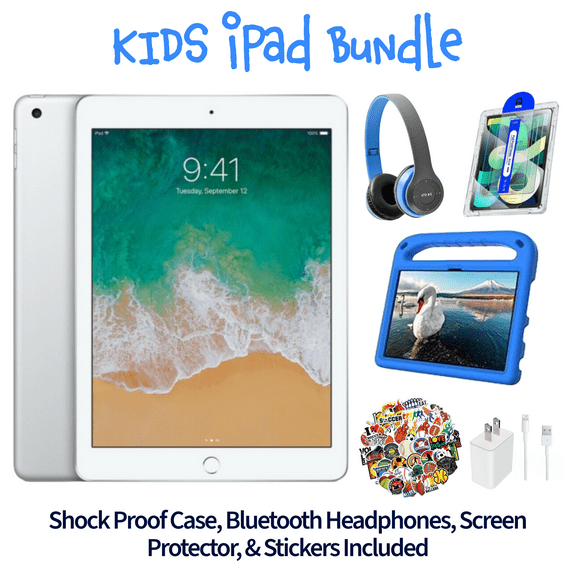 Restored Apple iPad 5 Kid's Bundle - 9.7" 128GB Silver (Wi-Fi) - Shock Proof Case, Bluetooth Headphones, Screen Protector, Kid's Stickers, and Charger Included (Refurbished)