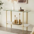 thumbnail image 3 of Rectangle Coffee Table Mid-Century Modern Design L W x H for Living Room - Structure Amber Glass Top and Walnut MDF Shelf Sleek Conical Metal Legs with Gold Finish, 3 of 9