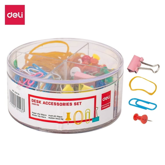 Deli Desk Accessories Set：100 Pcs Paper Clips，50 Pcs Push Pins，10 Binder Clips，112g Rubber Band For Office and Home